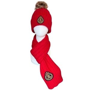 Vintage Ralph Lauren Pom Pom Cable Knit Logo Patch Red Beanie Hat Scarf Set